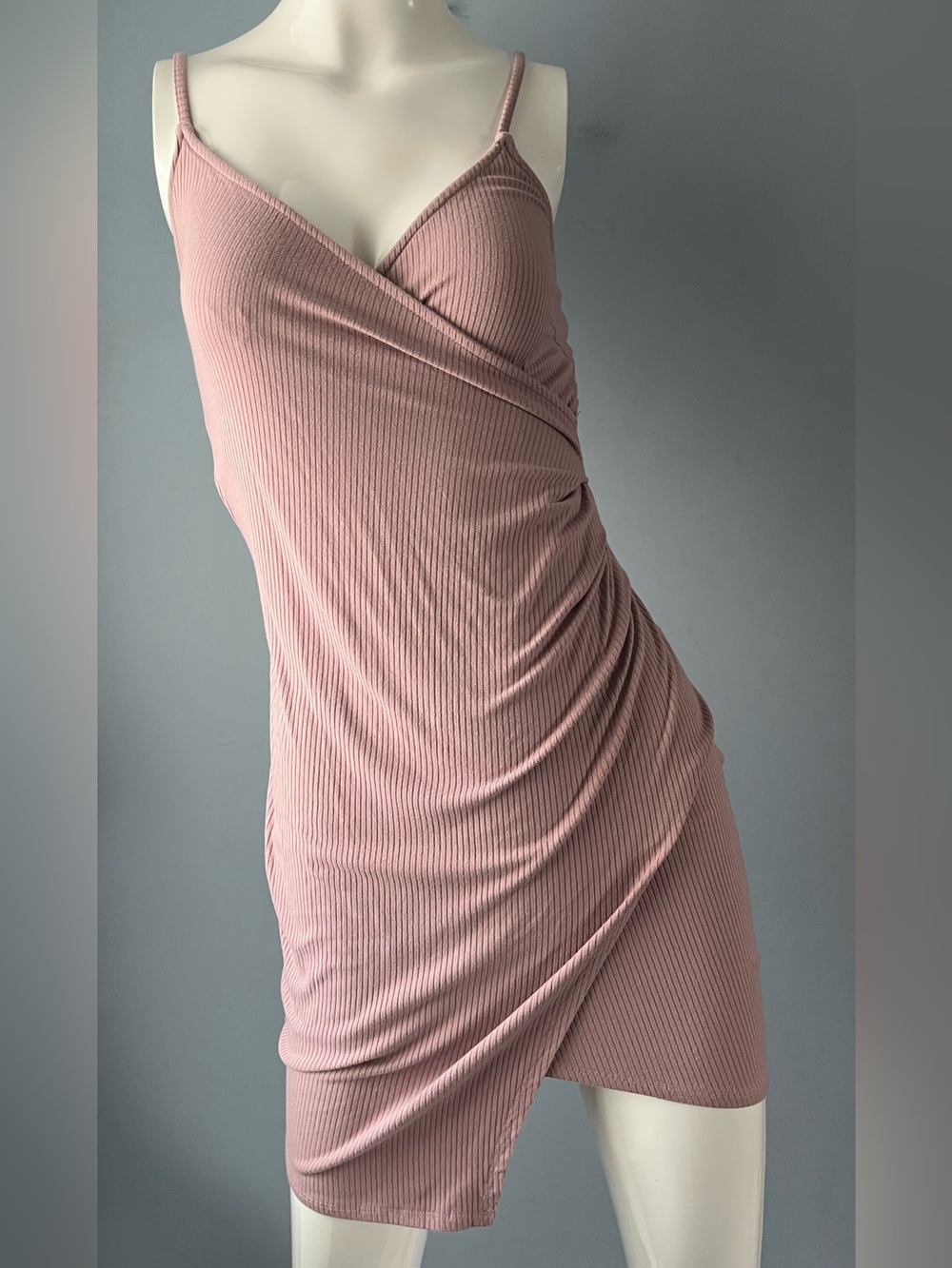 Revamped Mauve Ribbed Faux Wrap Bodycon Asymmetrical Mini Dress Size XS